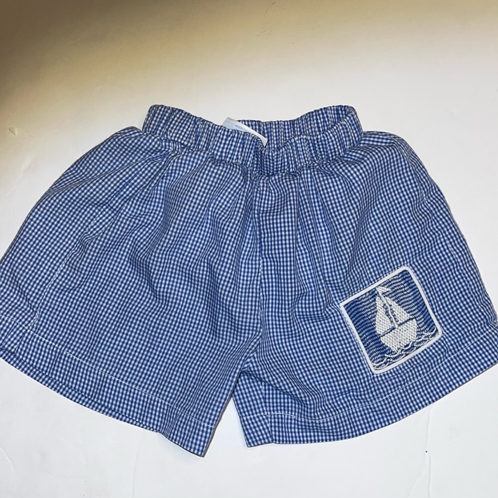 Cukees blue and white checked sailboat smocked swimsuit 24 months